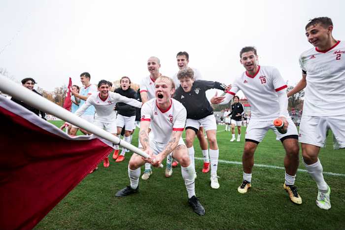 Oct. 29, 2023. Indiana junior forward Samuel Sarver celebrates with teammates in front of the Hoosier Army. The Hoosiers beat Rutgers 4-1 Sunday and won a share of the Big Ten regular-season title (IU Athletics).